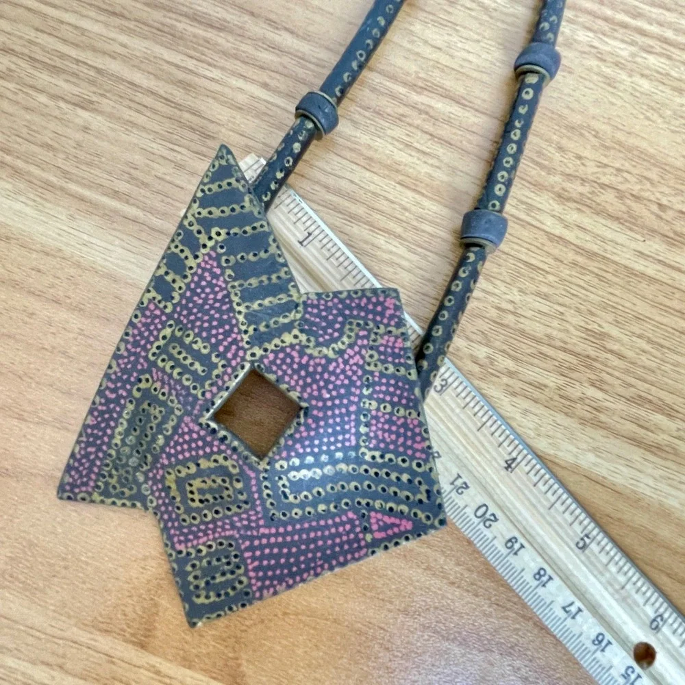 Artisanal Ceramic Geometric Statement Necklace Hand Painted Earthy Eclectic Boho